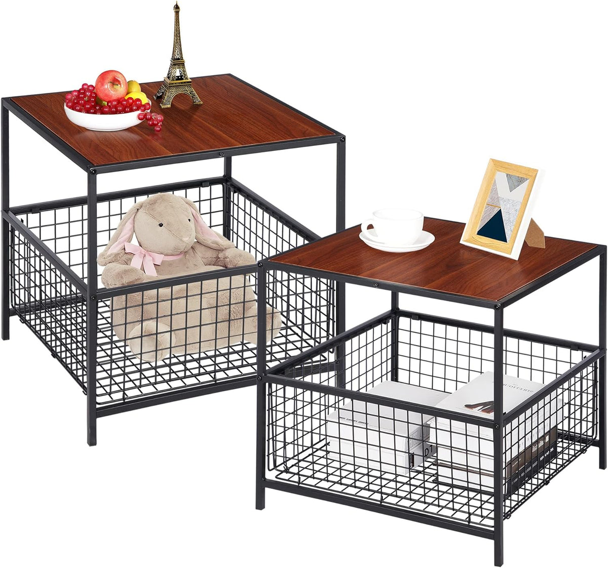 SUPER DEAL 2 Tier Side Table with Mesh Basket, 20 inch Square End Table Nightstand for Bedroom Living Room, Mini Fridge Stand Printer Stand for Office, Red Mahogany Wood Grain