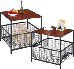 SUPER DEAL 2 Tier Side Table with Mesh Basket, 20 inch Square End Table Nightstand for Bedroom Living Room, Mini Fridge Stand Printer Stand for Office, Red Mahogany Wood Grain