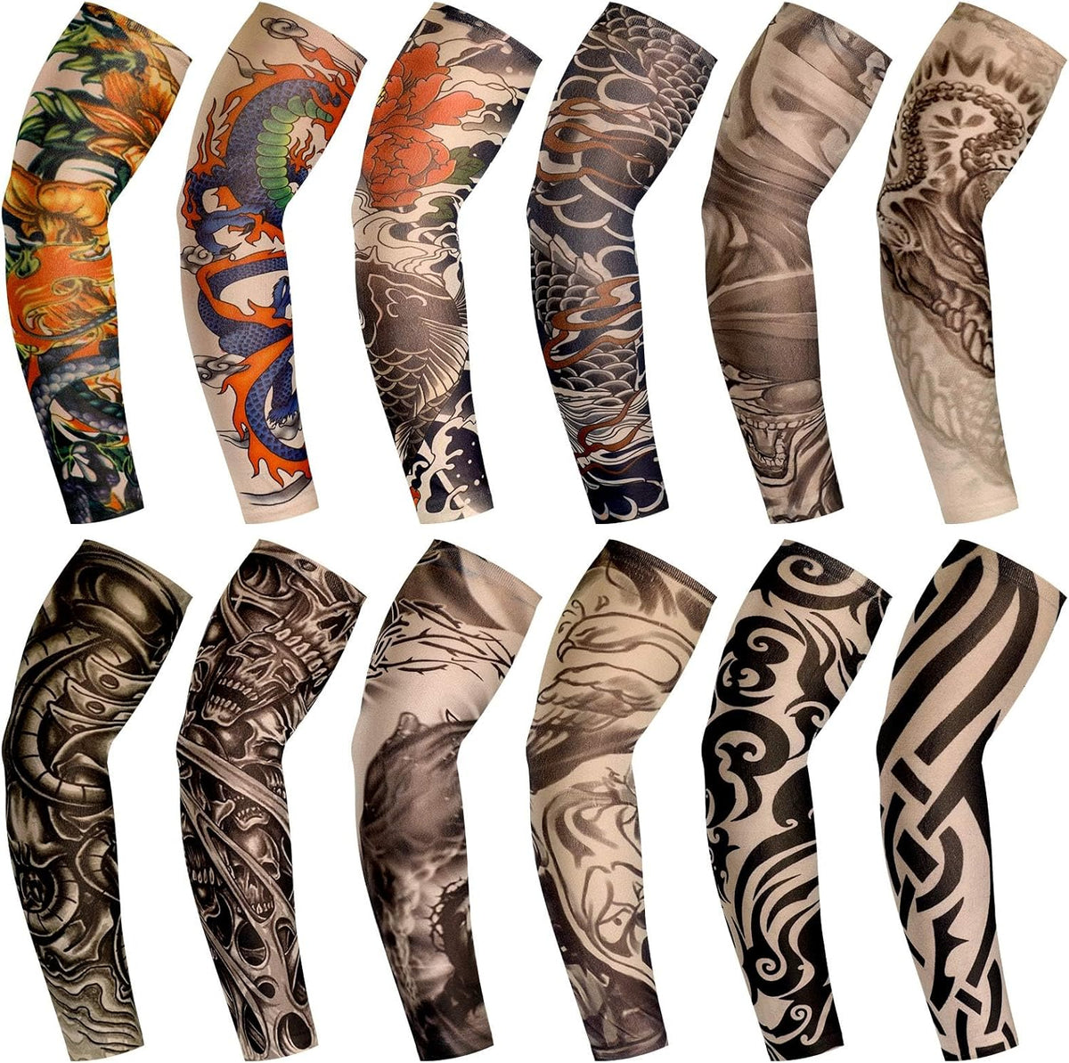 Geyoga 12 Pcs Tattoo Sleeves Fake Arm Sleeves Cover Realistic Soft Elasticity UV Protection for Men Women Working
