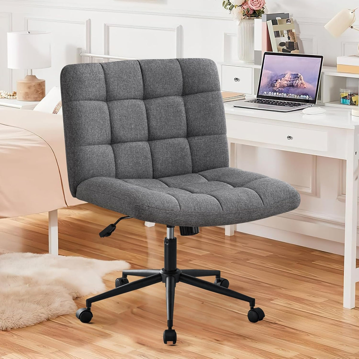 Ivory White Sherpa Office Chair Armless, 360° Swivel Rolling Computer Chair, Ergonomic Desk Chair with Lumbar Support & Adjustable Height for Cross-Legged Sitting, Office, Vanity (Sherpa)