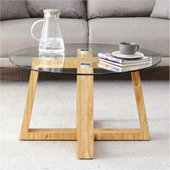 Circular Coffee Table, 31.5" Modern Glass & MDF Living Room Table, Wood Finish, Round Coffee Table for Bedroom, Easy Assembly