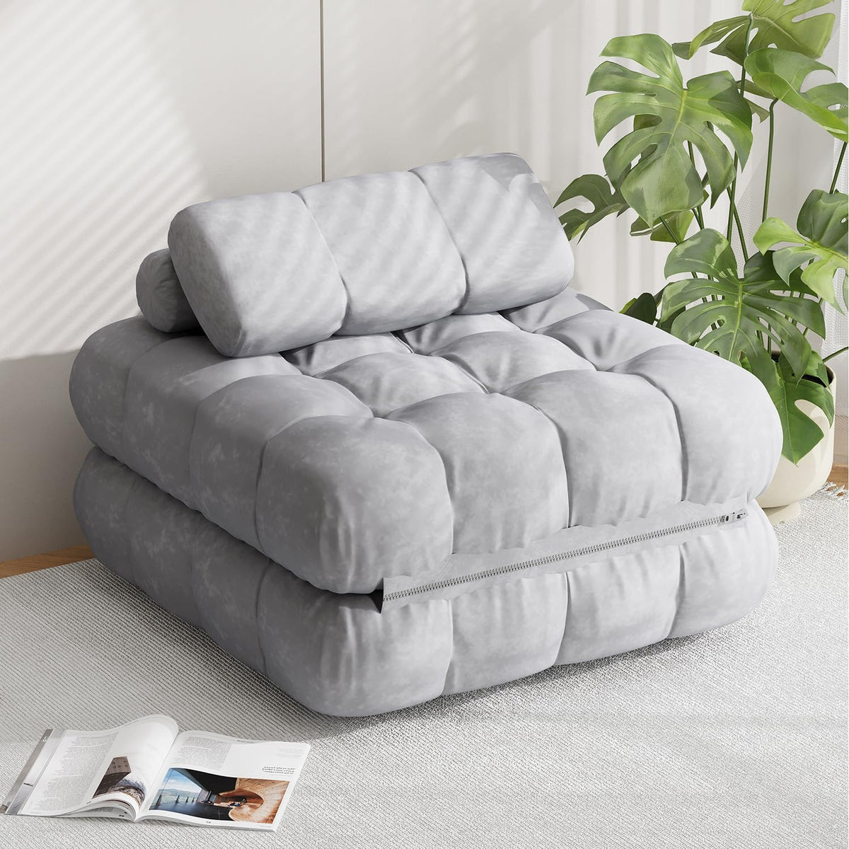 Folding Futon Sofa Bed, Single Size Convertible Sleeper Chair Bed with Pillow, Comfy Foldable Floor Mattress, Portable Fold Out Lounge Couch for Living Room Bedroom - White