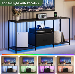 LED TV Stand for 55 Inch TVs, Modern TV Console with Cabinet & 12 Lighting Modes, Black TV Stands for Living Room Bedroom Gaming Room
