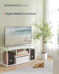 SONGMICS HOME Superfast Toolless Assembly, TV Stand for TVs up to 50 Inches, TV Cabinet Unit, Media Center Table, Living Room, 43 x 14 x 18 Inches, Shelves, Natural Walnut and Ink Black ULTV500K01