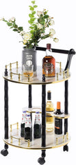 Round Wood Serving Bar Cart Tea Trolley, 2 Tier Shelves, Rolling Wheels, Mobile Liquor Bar for Wine Beverage Dinner Party, Utility Kitchen Storage Island, Coffee Cabinet for Dining Living Room, White