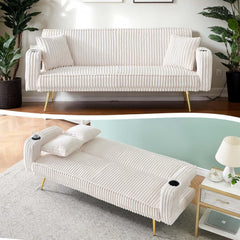 74" Corduroy Futon Sofa Bed, Modern Loveseat Futon Couch with Adjustable Backrest, Convertible Sleeper Sofa with 2 Square Pillows & Cup Holders, Couches for Living Room, Bedroom, Apartment (Pink)