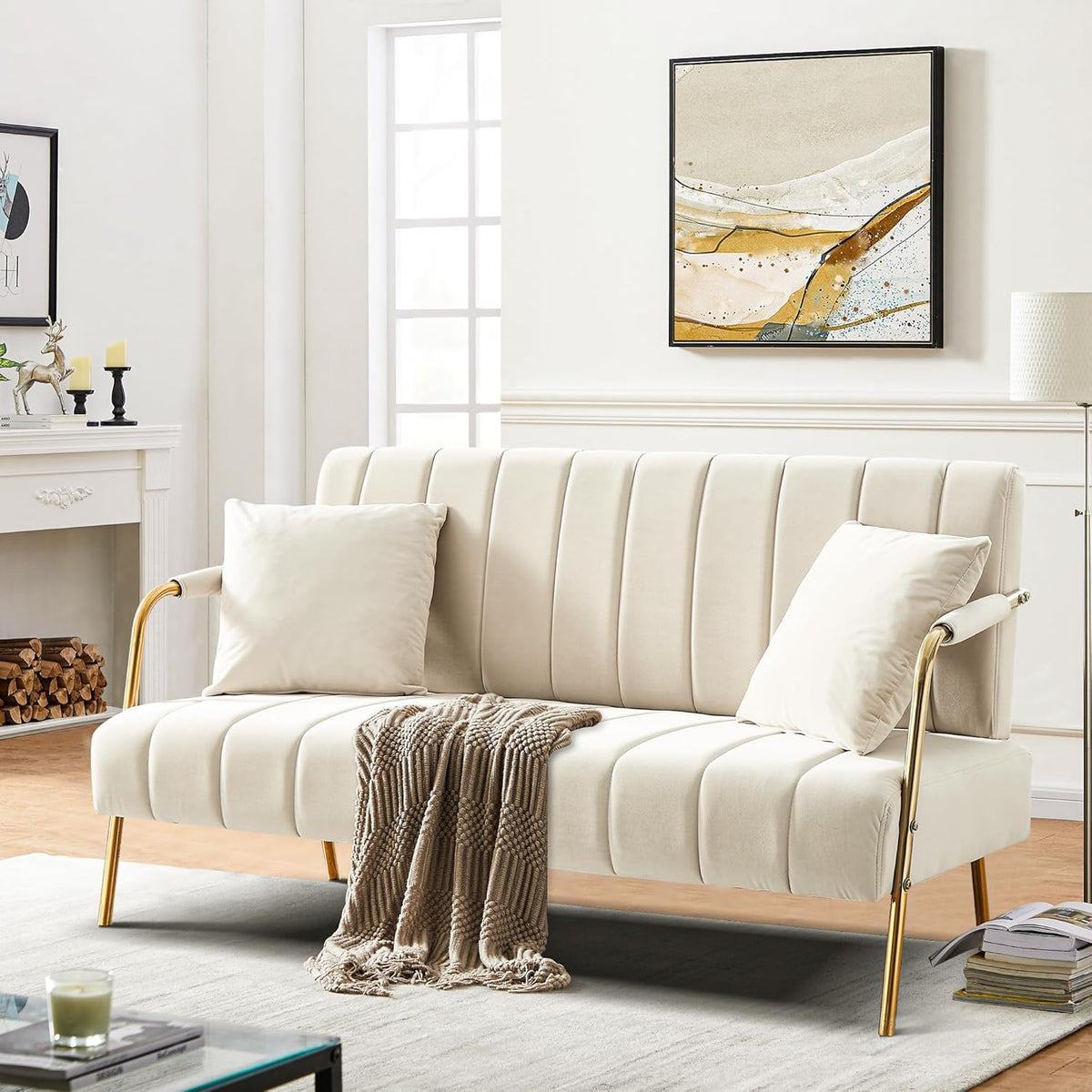 Modern Upholstered Velvet Loveseat Sofa,60 Inch Modern Small Sofa Couch,Loveseat with 2 Pillows and Gold Metal Feet,Office Couch for Small Space,Suitable for Living Room,Bedroom,Apartment Beige