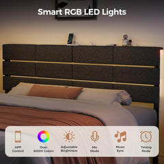 Full/Queen Size Upholstered Headboard, Adjustable Head boards with LED Light & Charging Station, Bed Headboard Only, Attach Frame, Study & Comfortable, Ideal for Bedroom, Dorm, Guest Room, Dark Grey