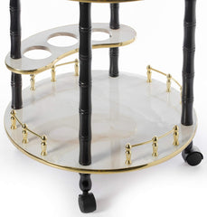 Round Wood Serving Bar Cart Tea Trolley, 2 Tier Shelves, Rolling Wheels, Mobile Liquor Bar for Wine Beverage Dinner Party, Utility Kitchen Storage Island, Coffee Cabinet for Dining Living Room, White