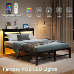 Full Bed Frame with Wooden Headboard, RGB LED Lights, USB Charging Station, Storage Shelf, Metal Bed Frame, No Box Spring Needed (Full -1)