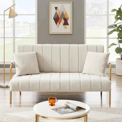 Modern Upholstered Velvet Loveseat Sofa,60 Inch Modern Small Sofa Couch,Loveseat with 2 Pillows and Gold Metal Feet,Office Couch for Small Space,Suitable for Living Room,Bedroom,Apartment Beige