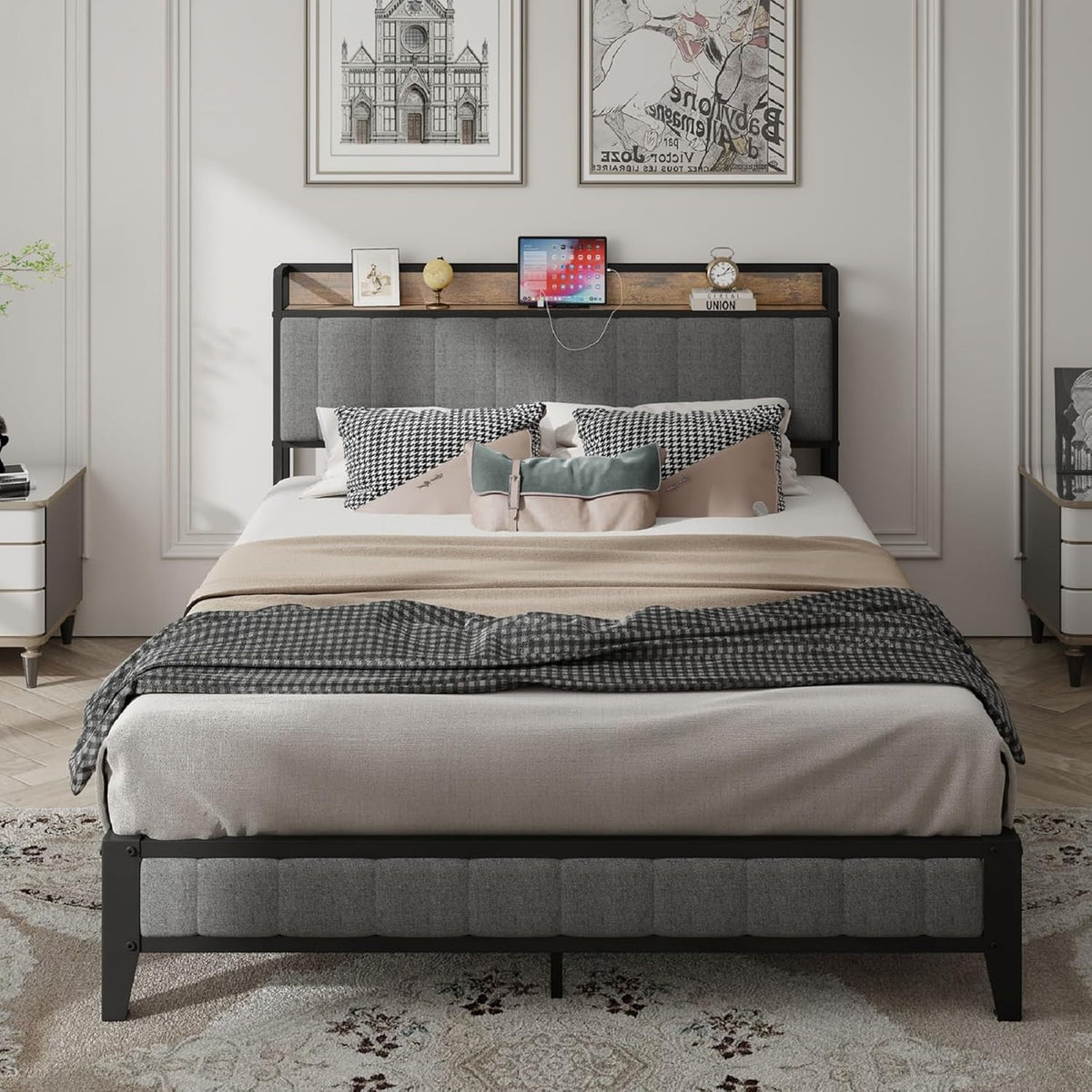 Full Bed Frame with Upholstered Headboard, Full Platform Bed with Charging Station, Metal Slats Support, No Box Spring Needed, Noise-Free, Easy Assemble (Light Grey, Full)