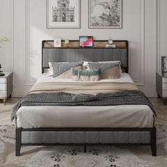 Full Bed Frame with Upholstered Headboard, Full Platform Bed with Charging Station, Metal Slats Support, No Box Spring Needed, Noise-Free, Easy Assemble (Light Grey, Full)