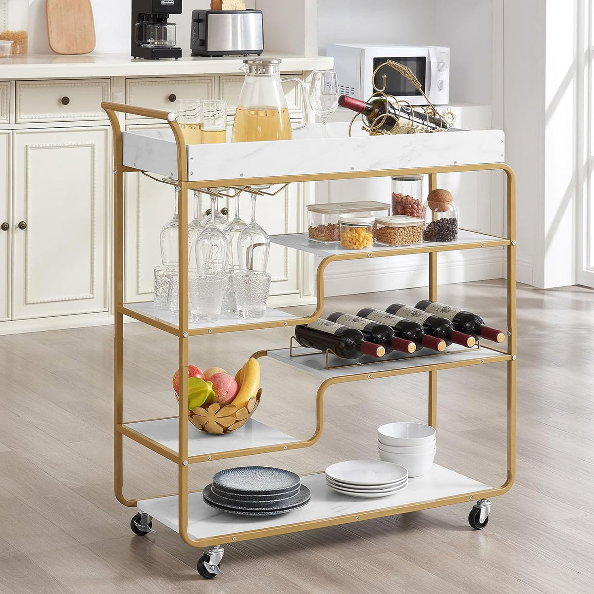 6 Tier Bar Cart, Rolling Home Bar Serving Cart on Wheels, Beverage Cart with Wine Rack and Glass Holder, Kitchen Serving Cart, Liquor Beverage Cart, for Living Room, Dining Room, Gold