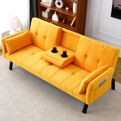 72" Pink Velvet Futon Couch Living Room Couch Bed Convertible Sleeper Sofa Bed with Cup Holder for Bedroom Guest Bed 2 Seater Reclining Sofas Couches with Nailhead Trim for Small Space (Pink)