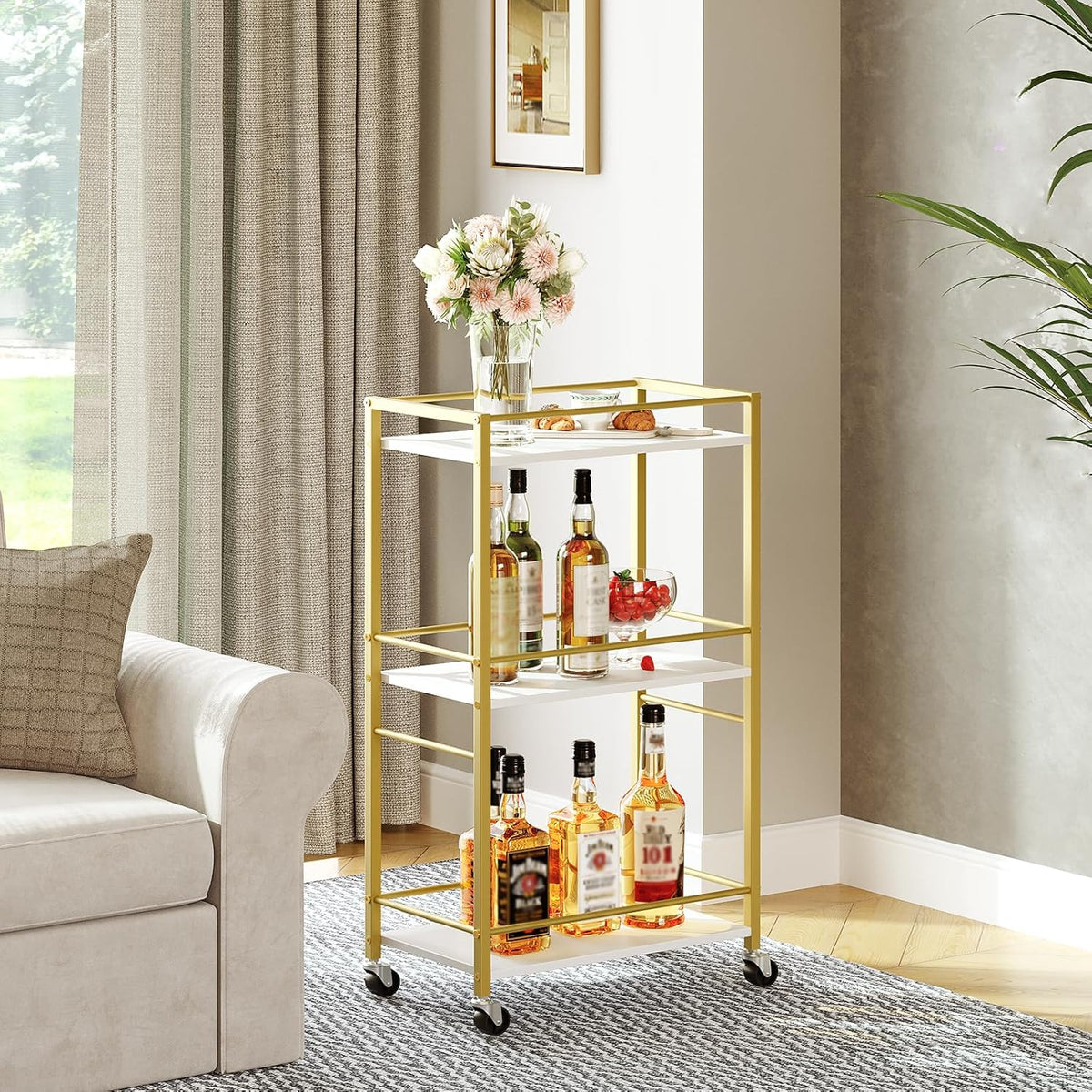 Bar Cart for The Home, 3-Tier Drink Cart on Wheels, Home Bar Serving Cart, Mini Bar Cart for Small Space, Rolling Kitchen Carts for Bar, Kitchen, Dining Room, Gold RCJW4001