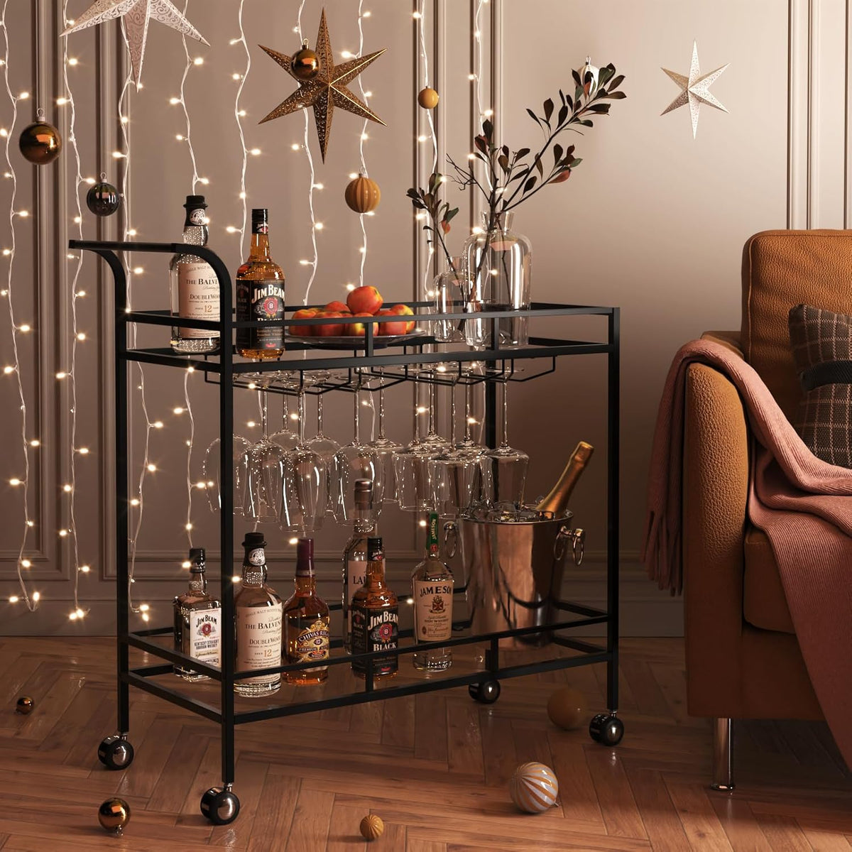 Black Bar Cart, Serving Cart with Wheels and Handle, Small Bar Cart with Wine Rack and Glass Holder, Modern Glass Beverage Cart, Mini Bar Carts for Small Spaces