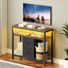 TV Stand Dresser with LED Lights, Entertainment Center with 2 Fabric Drawers and Mesh Shelves, Tall TV Media Console Table, for Living Room, Bedroom, Black and Rustic Brown DS10DBR