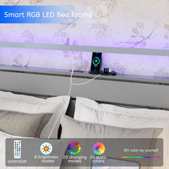 Silver Queen Bed Frame with Storage Headboard, Metal Platform Bed with LED Lights and Charging Station, Heavy Duty Wood Slat Support, No Box Spring Needed, Easy Assembly (Silver, Queen)