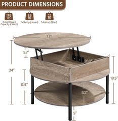 Yaheetech Round Lift Top Coffee Table with Hidden Compartment & Storage Shelf, 31'' Farmhouse Coffee Table Center Tables, 2-Tier Small Round Dining Table for Living Room Reception Room, Gray