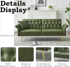 67.7" Futon Sofa Couch Bed,Modern Convertible Faux Leather Adjustable Backrest Armrests Folding Futon Sleeper Couch Loveseat for Living Room,Office,Apartment,Small Space (Green)
