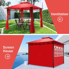 10x13 Gazebos Canopy Tent Double Vent Canopy Gazebo with 2 Sidewalls Translucent Windows Outdoor Heavy Duty Steel Patio Gazebo for Deck Backyard Lawn and Garden (Red)
