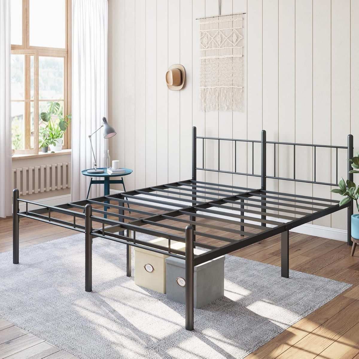 14 Inch Queen Size Bed Frame No Box Spring Needed,Metal Platform with Headboard and Footboard,Heavy Duty Slats Support Easy Assemble Noise Free(Black and Rhombus)