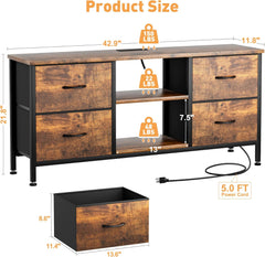 TV Stand for Bedroom, Dresser TV Stand with 4 Fabric Drawers & Open Shelves for 50" TV, Entertainment Center with Power Outlet, Dresser for Bedroom, Living Room, Entryway, Black Wood Veins