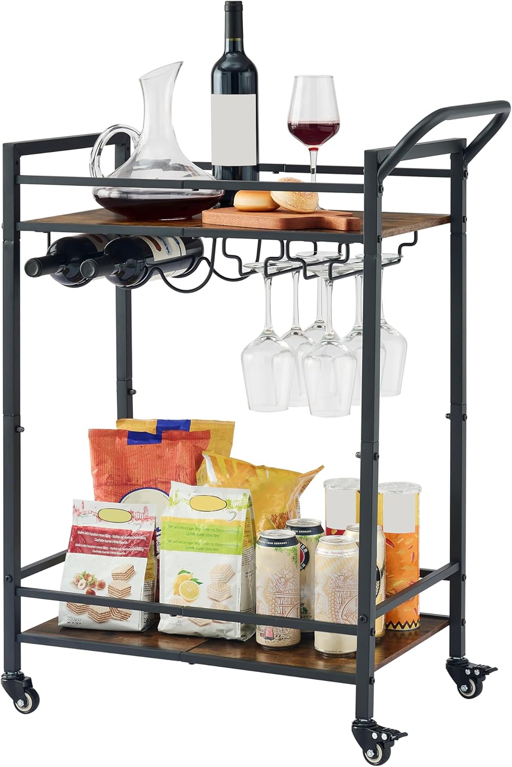 Tajsoon 2-Tier Mobile Bar Serving Cart, Industrial Style Beverage Cart with Wine Rack and Glass Holder, Rolling Drink Trolley for Kitchen, Living Room, Rustic Brown