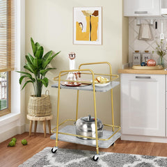 LOKO Gold Bar Cart, 2-Tier Liquor Cart with Lockable Wheels, Rolling Wine Cart Bar Serving Cart with 2 Shelves for Kitchen, Dining Room & Living Room, 24 x 16 x 32.5 inches