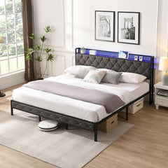 Upholstered Platform Bed Frame with Storage Headboard, LED Lights, and Charging Station, Heavy Metal Slats, Noise-Free, No Box Spring Needed, Easy Assembly (Dark Gray, Full)