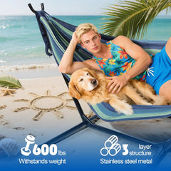 Hammock with Stand for Outside Indoor Heavy Duty Metal Hammock Holds 600lbs Portable Camping Hammock with Carrying Bag for Patio Beach Backyard