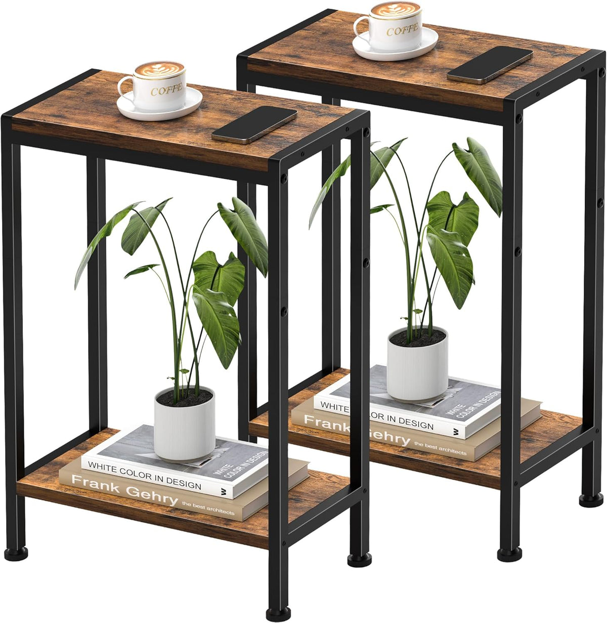 Narrow Side Table for Small Space, 3-Tier Small End Table with Shelf Holder, Slim Nightstand, Skinny Snack Couch Table in Living Room, Bedroom, Study, Kitchen and Balcony（Rustic Brown