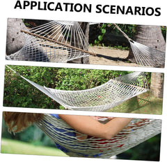 POPETPOP Single Person Outdoor Hanging Bed Hammock with Wood Frame and Cotton Rope Firm Camping Mesh Swing for Indoor and Outdoor Relaxation Beige