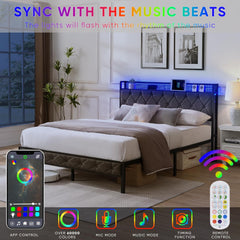 Full Bed Frame with Upholstered Storage Headboard, Heavy Duty Metal Upholstered Platform Bed with Charging Station and LED Lights, No Box Spring Needed, Noise Free, Easy Assembly (Gray, Full)