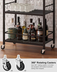 TUTOTAK Bar Cart - Serving Cart for Home - Microwave Cart, Drink Cart, Mobile Kitchen Shelf with Wine Rack and Glass Holder, Rolling Beverage Cart BC01BK030