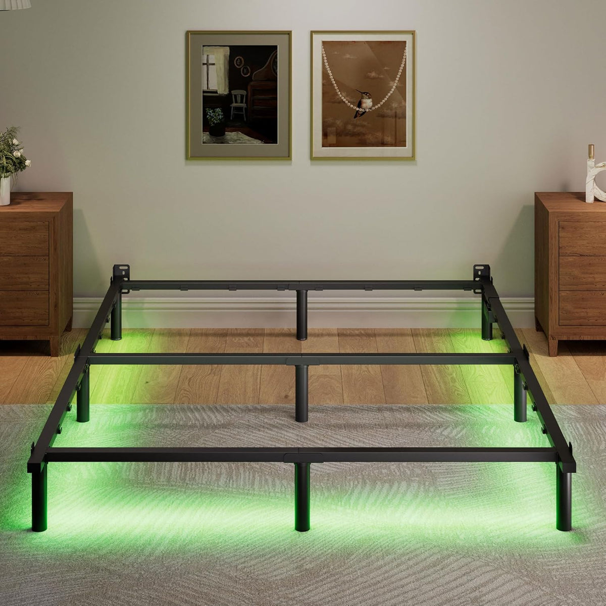 Full Size Bed Frame with LED, 7 Inch Metal Steel Bedframe for Box Spring and Mattress, Heavy Duty Basics Bed Base, Noise Free, Easy Assembly, Black, Adjustable
