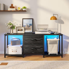 LED TV Stand Dresser for TVs up to 55 Inch, Entertainment Center with 2 Fabric Drawers and 2 Open Storage Shelves, Coffee Table Television Stands for Living Room, Bedroom, Wood Top, Metal Frame, Black