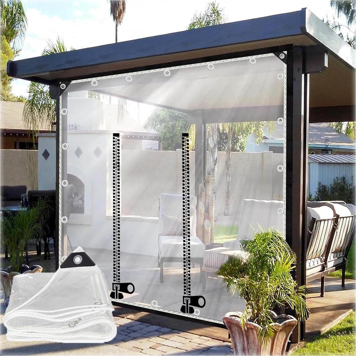 Pvc Heavy Duty Waterproof Transparent Tarpaulin Side Panels With Zipper Door,Outdoor Clear Tarp Curtains,Garden Pergola Gazebo Carport Partition Curtains,With Grommets,L×H-3.2*2.5m(10.5*8.2ft)