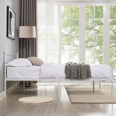 VECELO White Queen Size Metal Platform Bed Frame/Mattress Foundation with headboard/Steel Slat Support/No Box Spring Needed/Easy Assembly