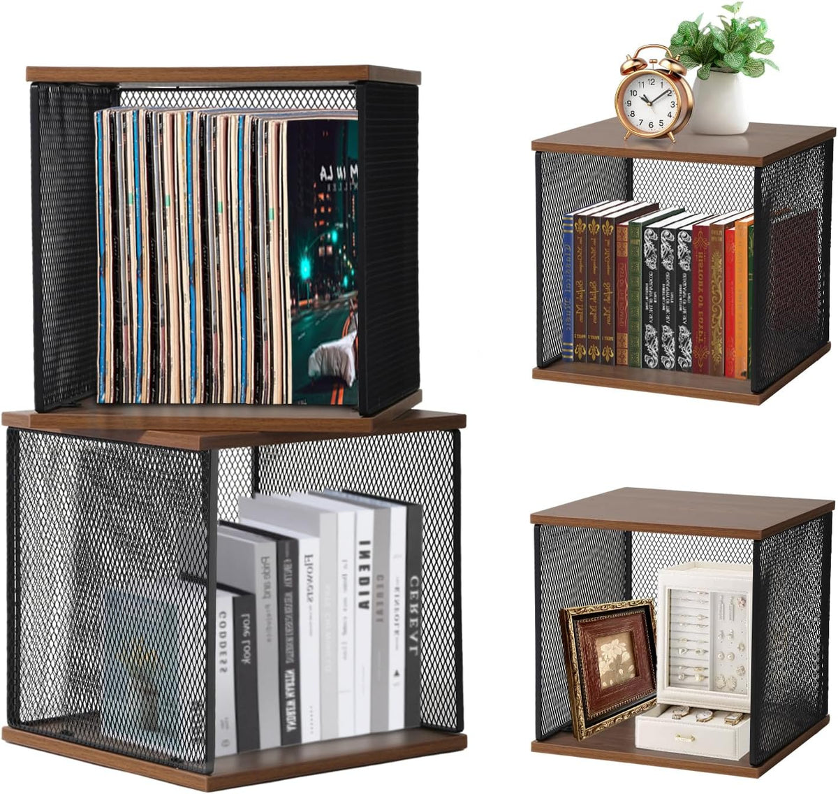 2-Cube Storage Organizer, 11in Shelf Opening, Small Bookcase, Display Shelf, DIY Variable Stackable Storage Shelf for School, Office, Bedroom, Living Room - Walnut-Colored