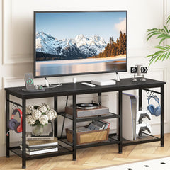 YGEOMER Entertainment Center for 55 inch TVs, TV Stand with Power Outlet and Open Storage Shelves, TV Media Console Table for Living Room and Bedroom,Black
