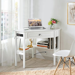 Topeakmart Computer Corner Desk Home Office Desk with Outlet for Small Space, L-Shaped Writing Table Workstation Space Saving Desk with Charging Station, Modern White Home Office Furniture with Drawer