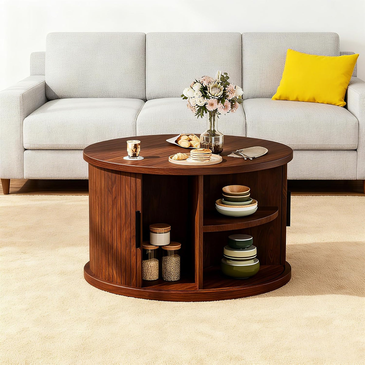 Round Coffee Table with Storage,31.5" Fluted Coffee Table with 360° Curved Sliding Door,Farmhouse Fluted Wood Accent Coffee Table for Living Room, Walnut