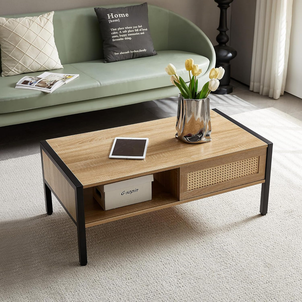 Modern Rattan Storage Coffee Table, Features a Sliding Door Cabinet and Strong Metal Leg Frame, Ideal for Use in The Living Room, Office Area, or Apartment, Providing Discreet Storage for Clutter
