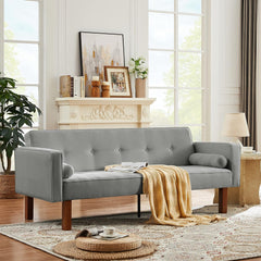 Modern Fabric Sofa Bed Futon,Convertible Sleeper Loveseat with 2 Pillows and Armrests,75" Folding Recliner Couch Bed with Solid Wood Legs for Living Room Apartments Office (Light Grey)