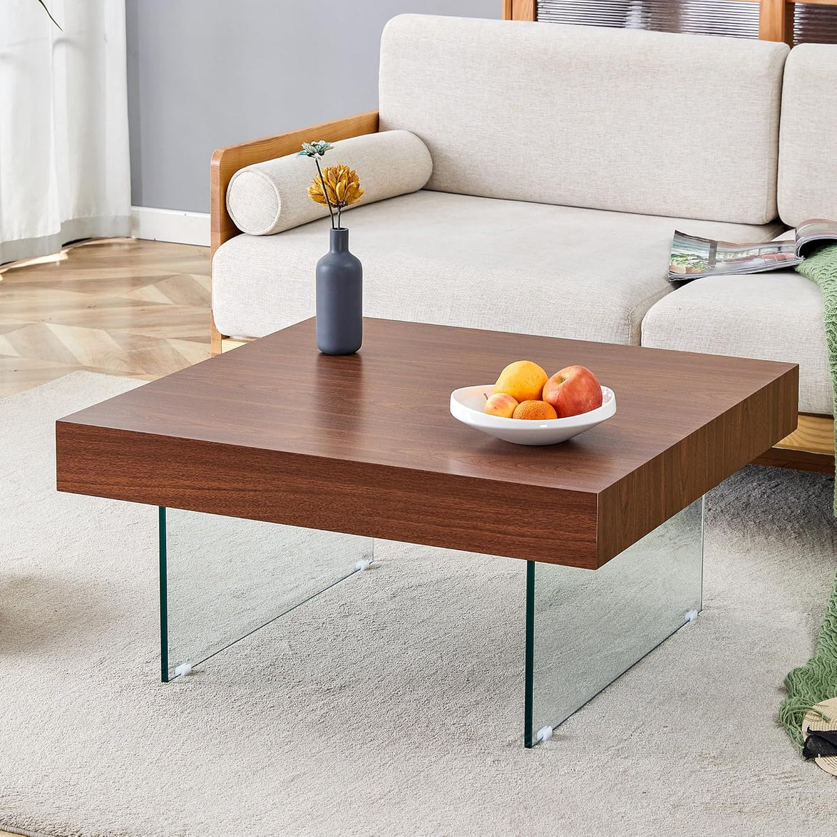 roomfitters Square MDF Coffee Table with Glass Legs, 31.5"x31.5" Walnut Finish and Reinforced Modern Design, Walnut