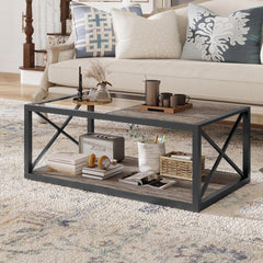Modern Industrial Coffee Table with Tempered Glass & Rustic Wood Grain MDF, X-Frame Metal Legs, Storage Center Table for Living Room, 39.37" -Natural or Grey Wood Finish (Natural Wood Finish)