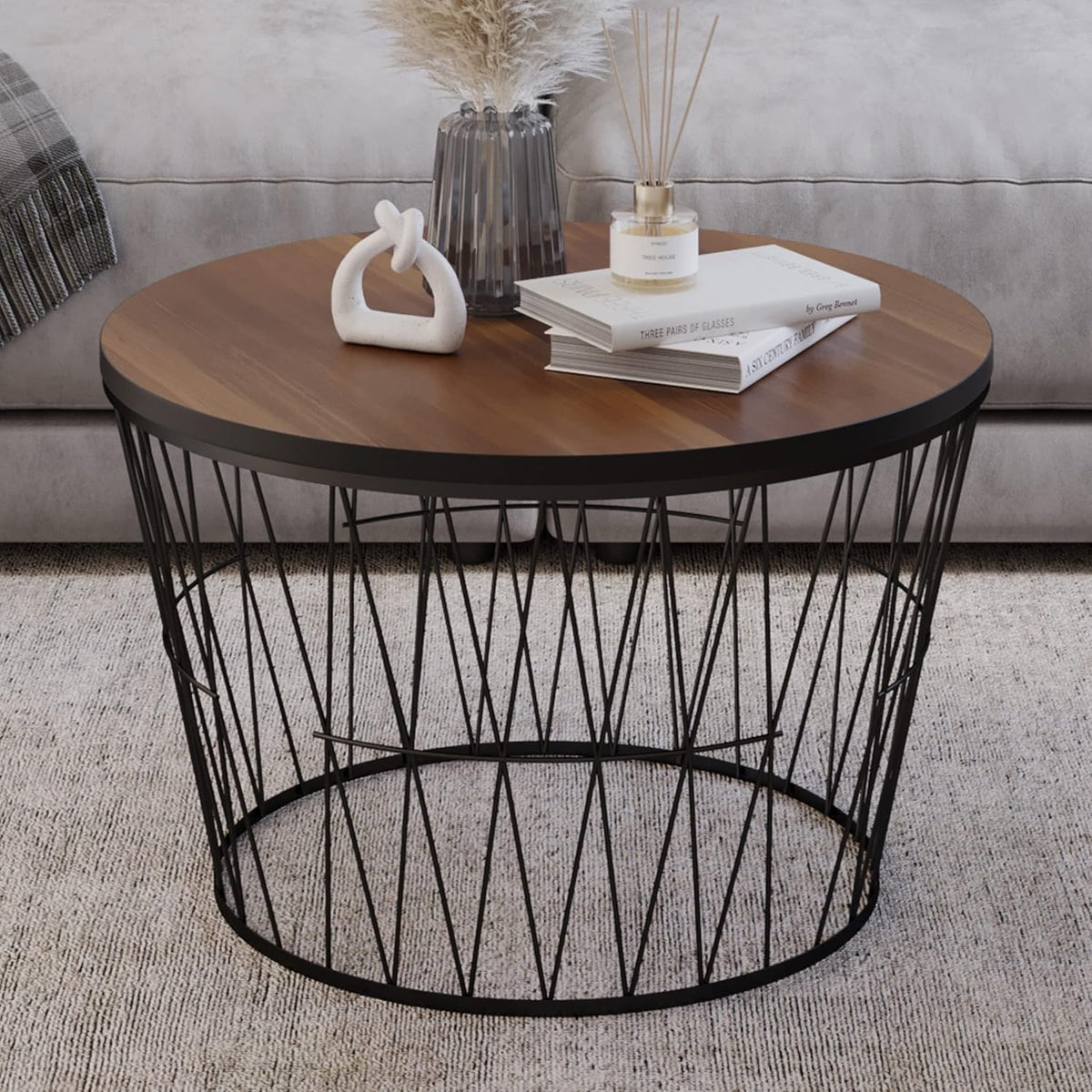 Lavish Home Round Coffee Table with Geometric Metal Base - Small Modern Accent Furniture for Living Room - Mid-Century Coffee Table (Brown/Black)