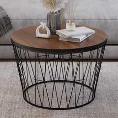 Lavish Home Round Coffee Table with Geometric Metal Base - Small Modern Accent Furniture for Living Room - Mid-Century Coffee Table (Brown/Black)